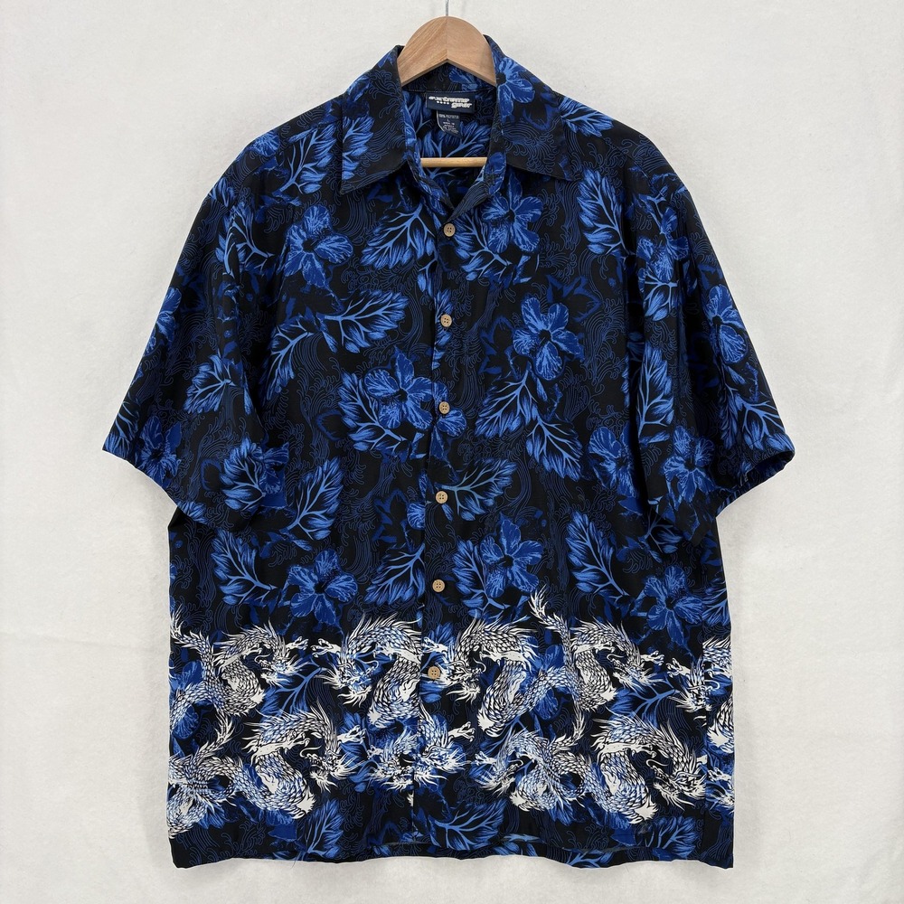 Y2K Extreme Gear Shirt Mens Large Blue Dragon Hawaiian Floral Grunge Rock VTG